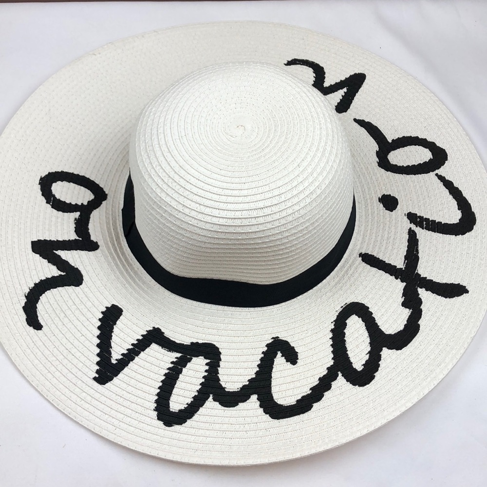“On vacation” straw white floppy hat